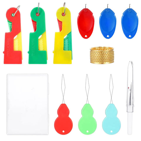 10 Pack Automatic Needle Threader Set Easy No Fuss Needle Threading Tool for Sewing and Embroidery Plastic Threaders for Seniors and Visually Impaired Colorful Mix of Green Yellow Red displayed with accessories