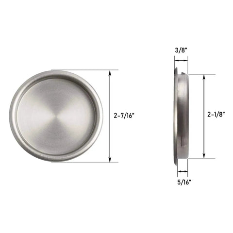 Diagram of Six Pack Satin Nickel Closet Door Finger Pulls with 2-1/8 Inch Opening, round insert, and soft touch edges.