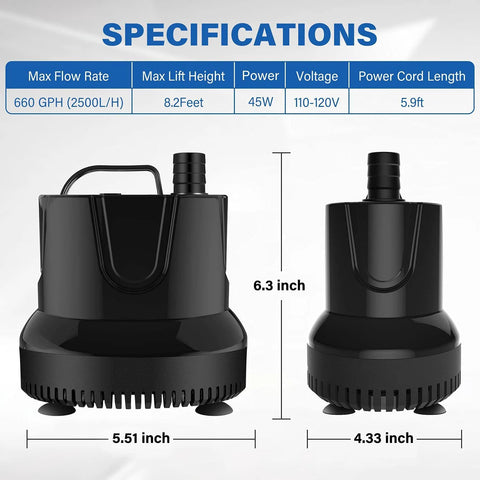 Simple Deluxe 660GPH bottom-suction submersible water pump, black plastic, 6.3in tall with 8.2ft lift