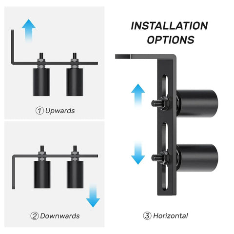 Installation options for Heavy Duty Slide Gate Guide Roller 3 Inch With L Shaped Rear Post Bracket showing vertical and horizontal positions.
