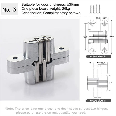Beefy 180 Degree Concealed Door Hinge For Heavy Doors, Built In Stainless Steel Hidden Cross Gemel, shown with measurements.