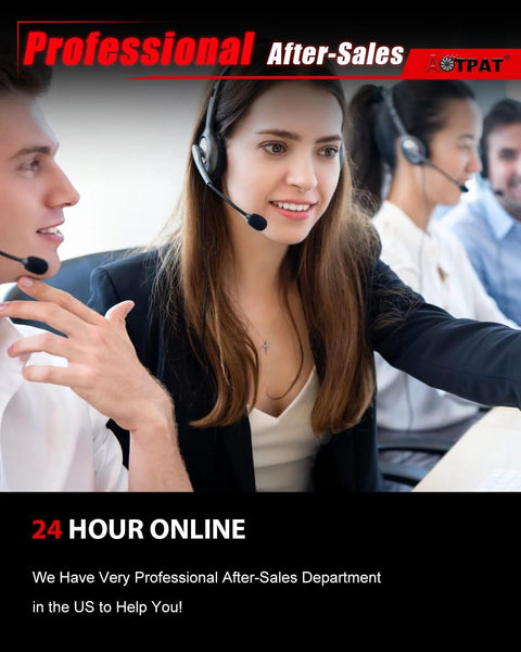 AOTPAT vacuum pump product banner; professional after-sales call-center staff with headsets