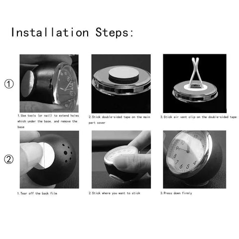 Installation steps for Compact Car Dashboard Thermometer with Night Glow Clip for Air Vent, showing attachment methods.