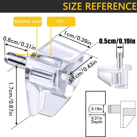 Diagram showing dimensions and materials of 5 Millimeter Clear Plastic Shelf Support Pins Pack Of 20 For Cabinets Kitchen Shelves Bookcases.