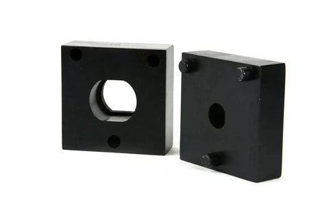 Double D Punch Die Set Pro Grade 0.769 In By 0.642 In Knockout Holes, case hardened tool steel dies, front view of dies.