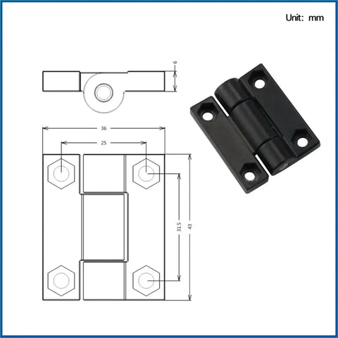 Front and side views of 0.3N·m square torque damping hinge; black zinc alloy mounting plates; 1 piece