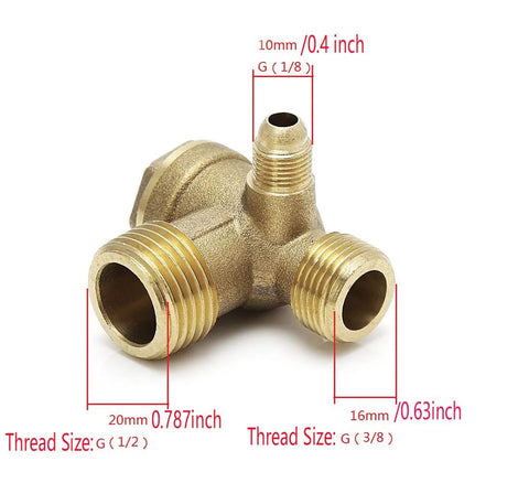 Brass 3-port air compressor check valve with G1/2, G3/8, and G1/8 threaded fittings.