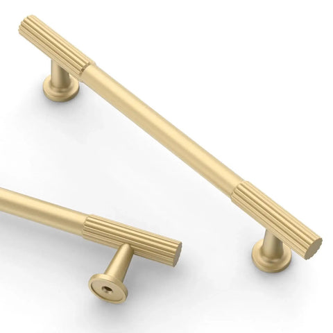 Close-up of 10 Pack 5 Inch Brushed Gold Cabinet Pulls For Kitchen Cabinets And Cupboards, Durable Metal Handles For Doors And Drawers.