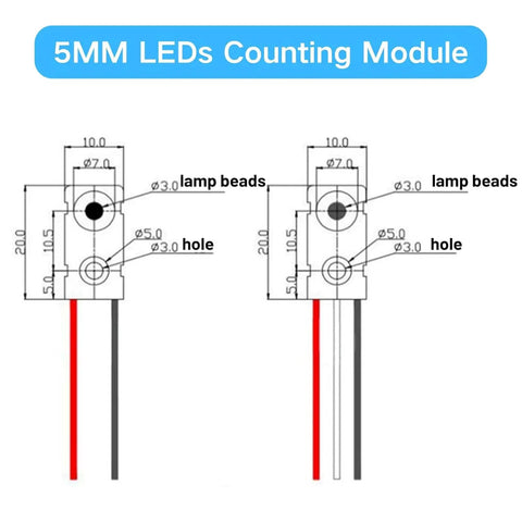 Technical diagram of Ultra Fast Infrared Break Beam Sensor Kit With 5mm LEDs Count Module showing dimensions and cable connections.