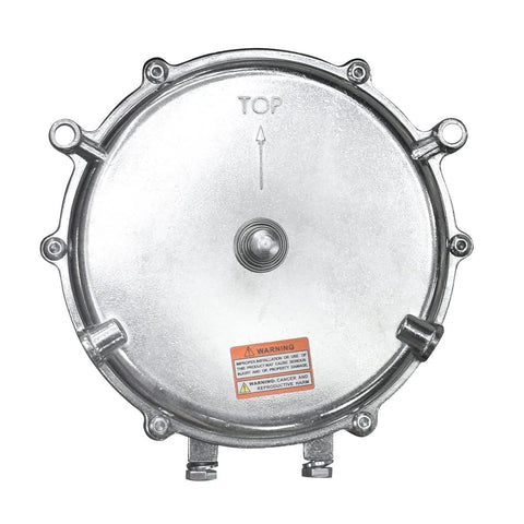 Front view of Low Pressure Propane And Natural Gas Regulator for Small Engines Imco Style 039-122, metallic finish with warning label