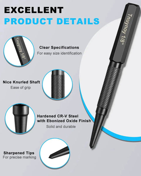 Close-up details of 4-Piece Nail Punch And Center Punch Set With Hardened Cr-V Steel And Non-Slip Knurled Grips for woodworking.