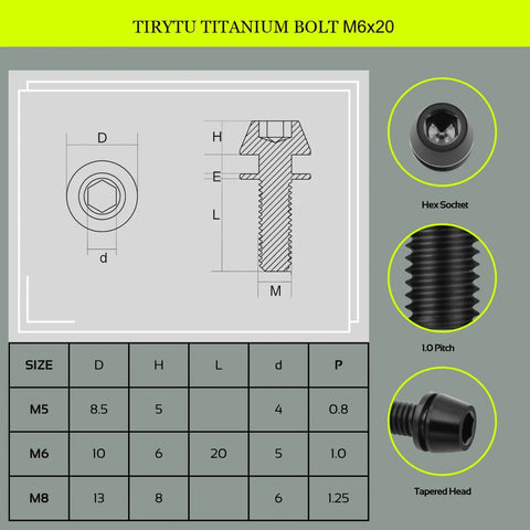 Diagram of Titanium M6x20mm Bolts 6 Pack Beefy Yet Lightweight For Bikes And Motors Hex Tapered Head Screws With Washer