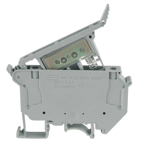 Side view of LED Indication Fuse Holder Terminal Block for DIN Rail 24V DC Screw Clamp with Universal Mounting Feet 6 Pack Grey.