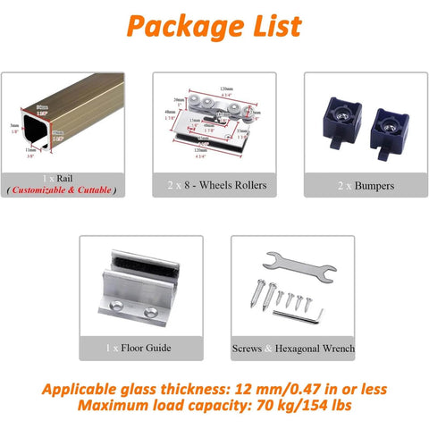 Package list of Hidden Sliding Glass Door Track Hardware Kit showing aluminum rail, silent rollers, bumpers, floor guide, screws, and wrench.