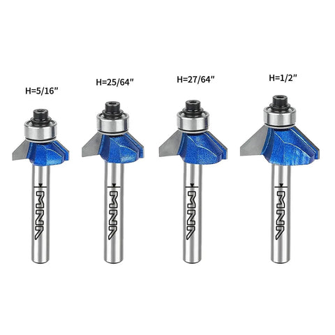 45 Degree Chamfer Router Bit Set for Smooth Angled Edges, 4 Piece, 1/4 Inch Shank, Cutting Diameters 1/4 to 1/2 Inch