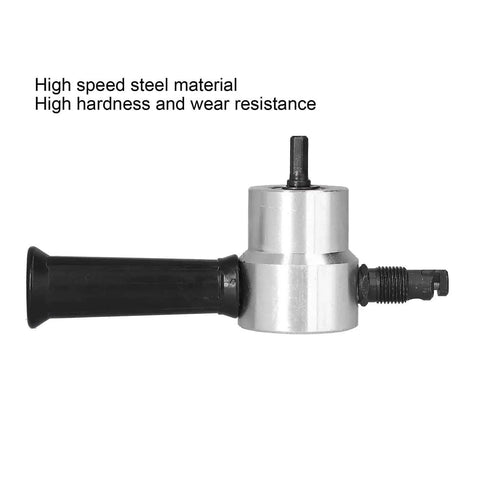 Side view of Double Head Metal Cutter Sheet Nibbler Drill Attachment for metalworking, high speed steel with 360 degree adjustable handle.