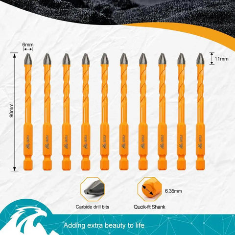 Set of 10 orange 6mm carbide drill bits with 90mm length for ceramic tile, porcelain, marble, granite masonry, labeled dimensions visible.