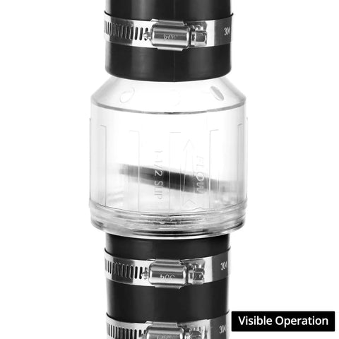 QWORK Silent Check Valve CV-150, 1-1/2 in, clear body with Buna-N couplings and steel clamps