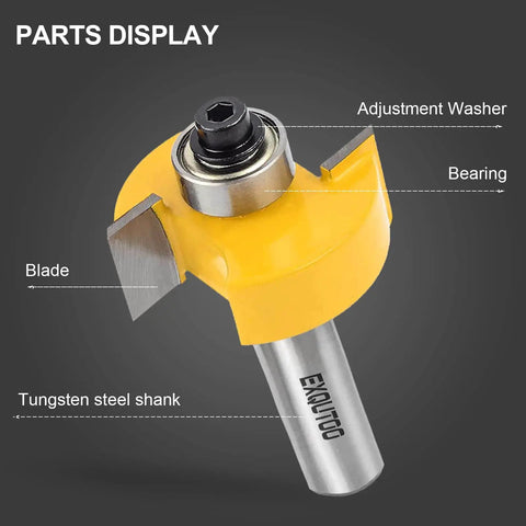 1/2 Inch Shank Rabbet Router Bit Set With Six Adjustable Bearings Pro Grade Carbide Tipped Parts Display in Yellow