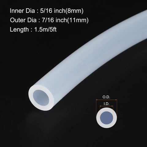 Clear Silicone Tubing 5 Feet Long Inner Diameter Five Sixteenth Inch Outer Diameter Seven Sixteenth Inch Eight Millimeter By Eleven Millimeter Industrial Grade Plastic Hose For Pump Siphoning Draining Irrigation And Brewing The Go To Choice with measurements displayed