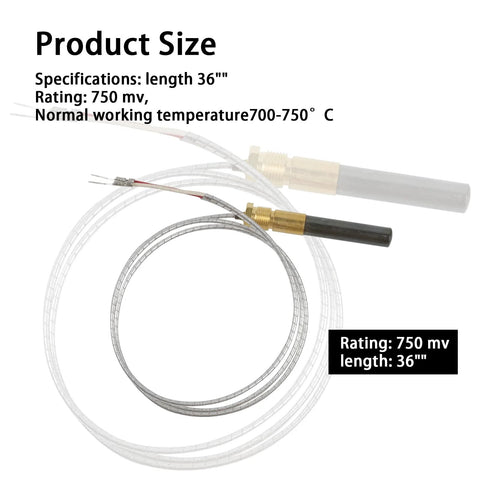 Robertshaw 36-inch thermopile with two leads and PG9 adapter; braided cable with brass and black sensor tips