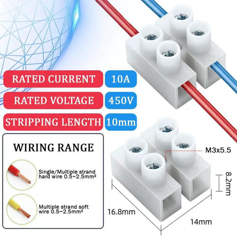 10 Pcs Screw Terminal Block 2 Position Wire Connectors Quick Connect Terminal 450V 10A Clamp Wire Terminal Wiring for DIY projects