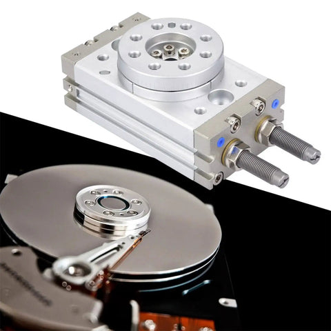 180 Degrees rotary pneumatic air cylinder, aluminum alloy, 18mm bore, adjustable angle; shown beside two HDD platters