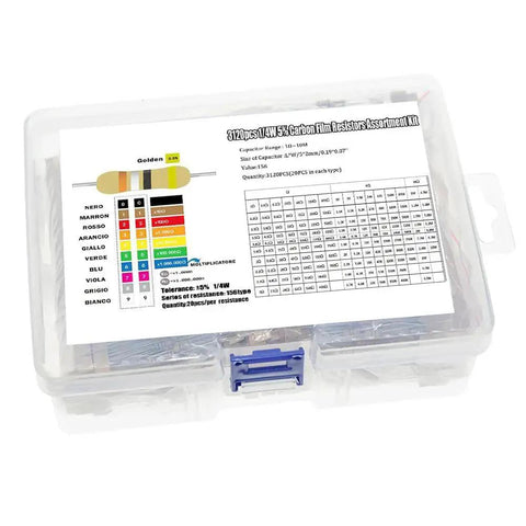 Resistor kit in clear plastic case with color-coded carbon film resistors, 3120 pieces, 1 ohm to 10 megaohm, 1/4W, 5%
