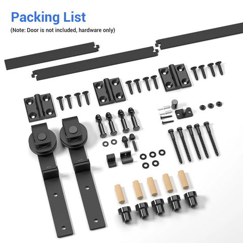 Bi-Folding Sliding Barn Door Hardware Kit For Two Doors with black track, J-shape rollers, screws, and steel hangers visible.