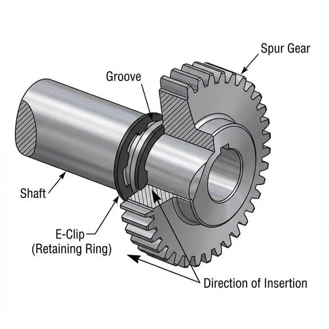 Diagram showing installation of 8mm Shaft E Clip Retaining Ring Set Carbon Steel Black Oxidized Finish 16mm OD on a spur gear shaft.