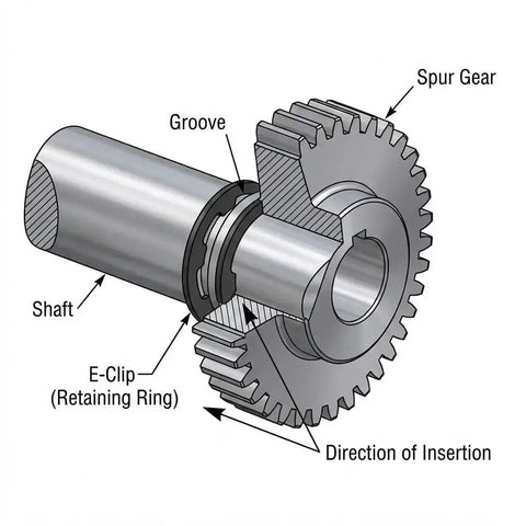 Diagram showing External Heavy Duty E Clip Retaining Rings For 3mm Shafts, 12mm Outer Diameter And 3mm Inner Diameter, Carbon Steel with gear