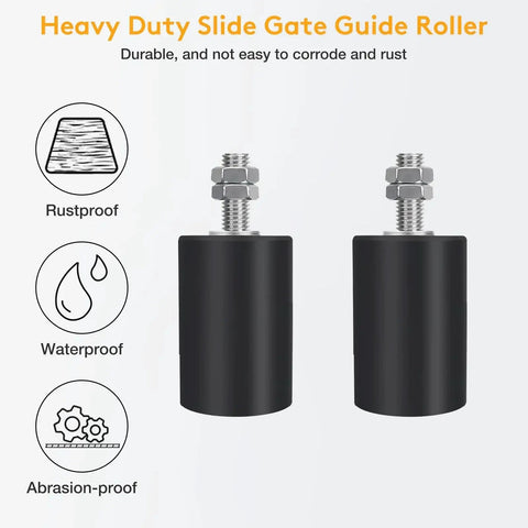 Universal Adjustable Heavy Duty Sliding Gate Rollers Kit with L Shaped Brackets shown with rustproof waterproof features.