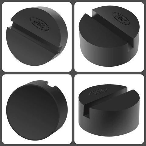 Universal Pinch Weld Jack Pad Adapter For Side Frame Rail Protector 2 Pack in black rubber, shown in different angles.