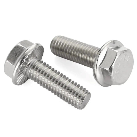 Close-up of 3/8-16 flanged hex head bolts fully threaded 1 inch stainless steel 304 external hex drive flange screws 10 piece set