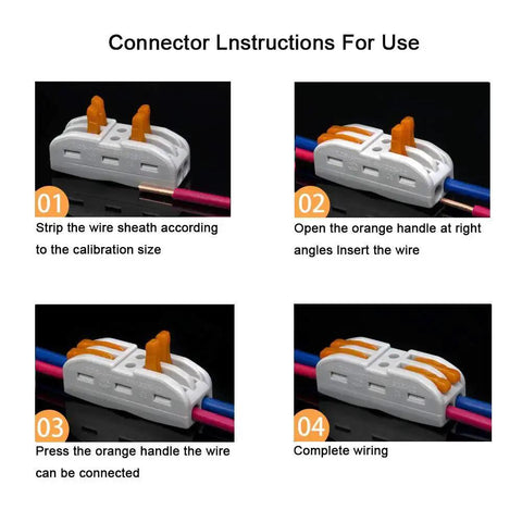 Installation steps for Premium SPL-2 Lever Nut Wire Connectors 15 Pack, 2 Way 4 Port Compact Splice Connectors.