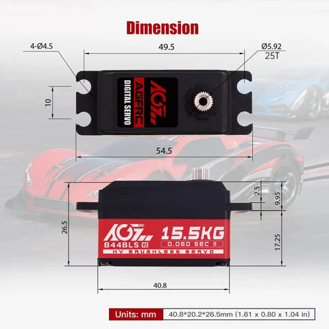 Beefy Low-Profile Brushless Digital Metal Gear Steering Servo with dimensions, for 1/10 and 1/12 RC cars, trucks, planes.