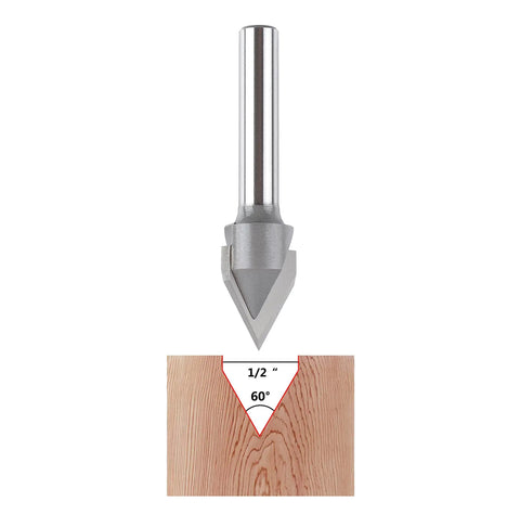 Pro-Grade Carbide Tip V Groove CNC Engraving Bit For Routers, 60 Degree V-Groove, 1/2 Inch Cutting Diameter, 1/4 Inch Shank, shown on wood