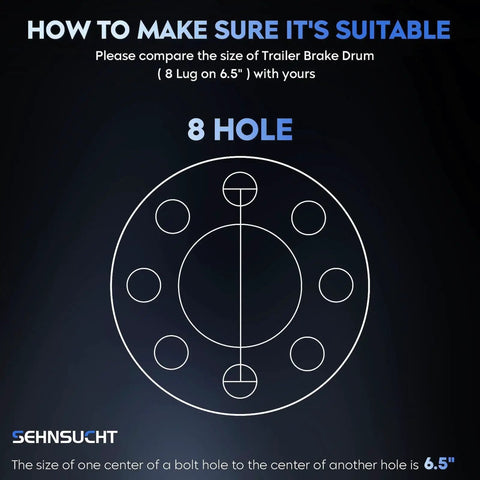 Trailer brake drum diagram showing 8-hole 6.5in bolt circle and central hub; SEHNSUCHT logo.