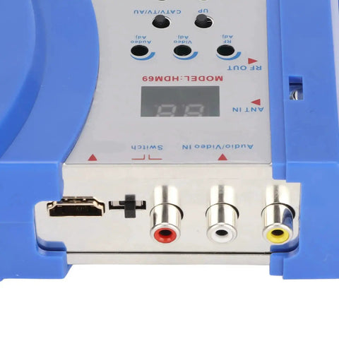 Close-up of HDMI Modulator For Home TV RF Modulator front panel showing ports and controls