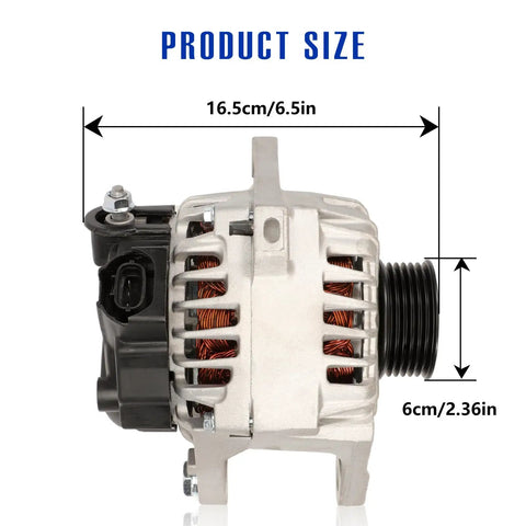 Beefy 90 Amp High Output Alternator Replacement For Hyundai Elantra Elantra Coupe GT Forte Koup Forte5 Soul 2011 To 2017 1.8L And 2.0L L4 Engines Compatible With 37300 2E200 11610N 2610428, side view with size dimensions