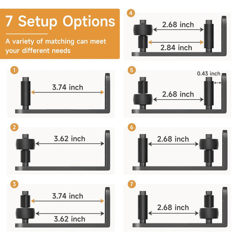 Diagram showing 7 setup options for four piece sliding barn door floor guide set with adjustable rollers, heavy duty aluminum hardware.