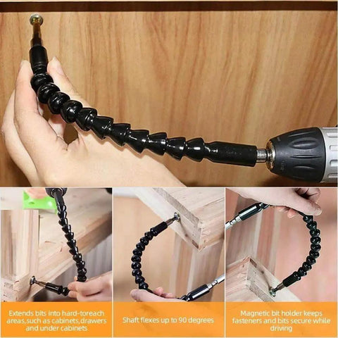 Flexible Drill Bit Extension Kit With 105 Degree Right Angle and Bendable Extension in use on wooden cabinet