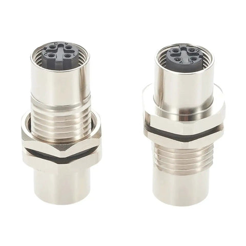 D Code M12 4 Pin Bulkhead Connector Beefy Shielded IP67 Female To Female Panel Mount Pack Of Two shown side by side.