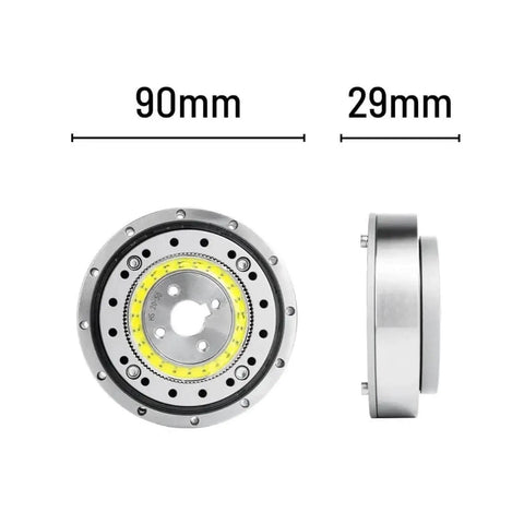 Front and side view of SHF 20 III Strain Wave Gear Reducer For Automation with 90mm diameter and 29mm thickness.