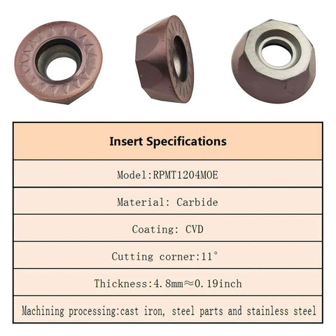 11 Piece Pro Grade RPMT1204MOE Indexable Carbide Milling Inserts Set With SRDPN1616H12 Tool Holder For Five Eighths Inch Lathe Milling Cutter Built Tough With 40Cr Steel Lathe Accessory For Metalworking with specifications list.