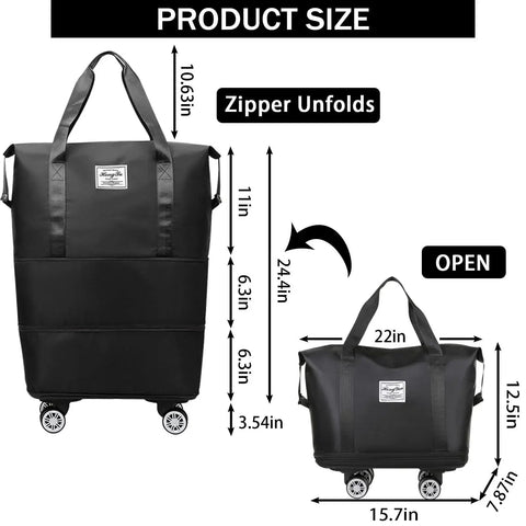Rolling Duffle Bag With Detachable Wheels For Travel dimensions, showing expandable size from 15.7 x 8.6 x 12.5 inches to 24.4 inches