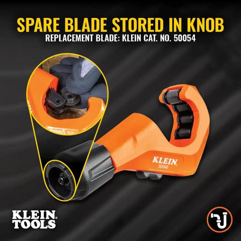 Image of Constant Swing Workhorse Tubing Cutter For Copper And Aluminum One Eighth To One And Three Eighths Inch Outside Diameter With Deburring Tool And Replacement Blade, showing spare blade storage in knob.