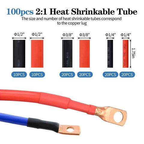 Heat shrinkable tubes and copper wire lugs from All In One Cable Lug Crimping Tool Kit With 74 Copper Wire Lugs And 100 Dual Wall Adhesive Heat Shrink Tubing For AWG 10 To 1/0 Electrical Lug Crimp Tool And Crimping Kit.