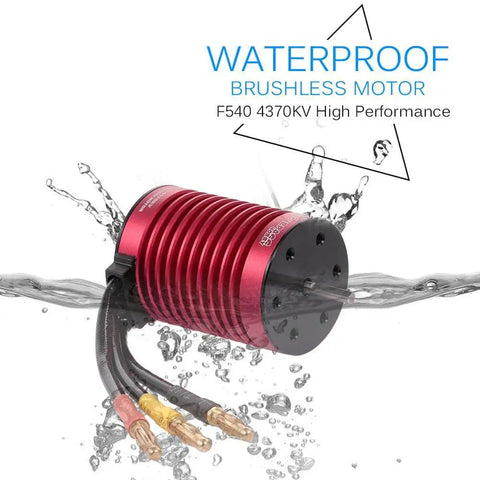 Waterproof 4370KV Brushless RC Car Motor submerged in water showing 4-pole, 12-slot design with attached wires.