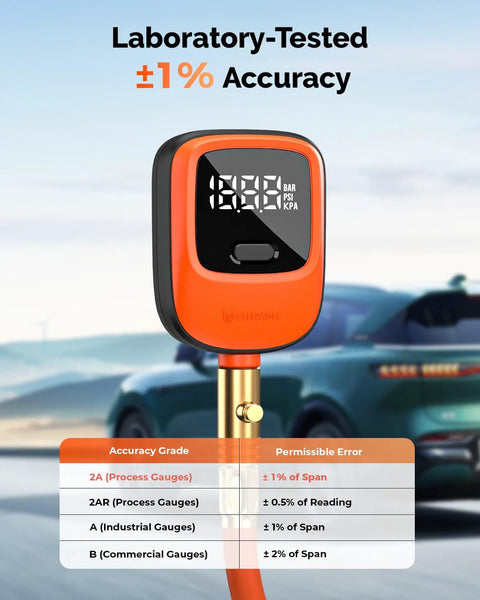 ETENWOLF T600 digital tire pressure gauge, orange body with black display, 0–250 PSI range